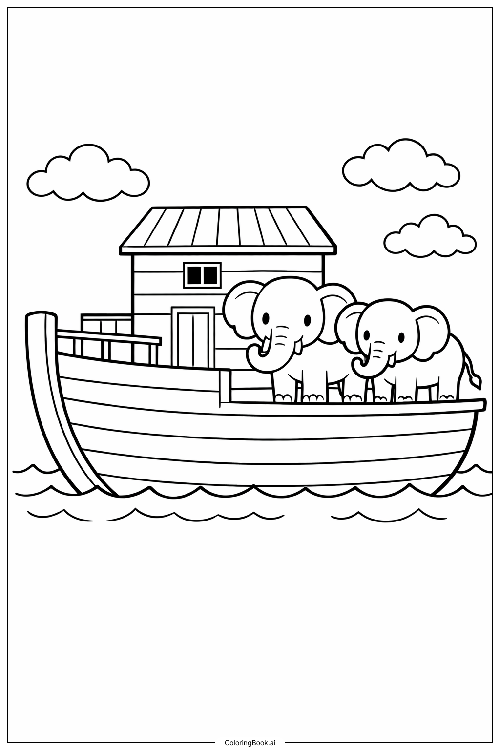  甲板にゾウのペアがいるノアの方舟の塗り絵ページ 