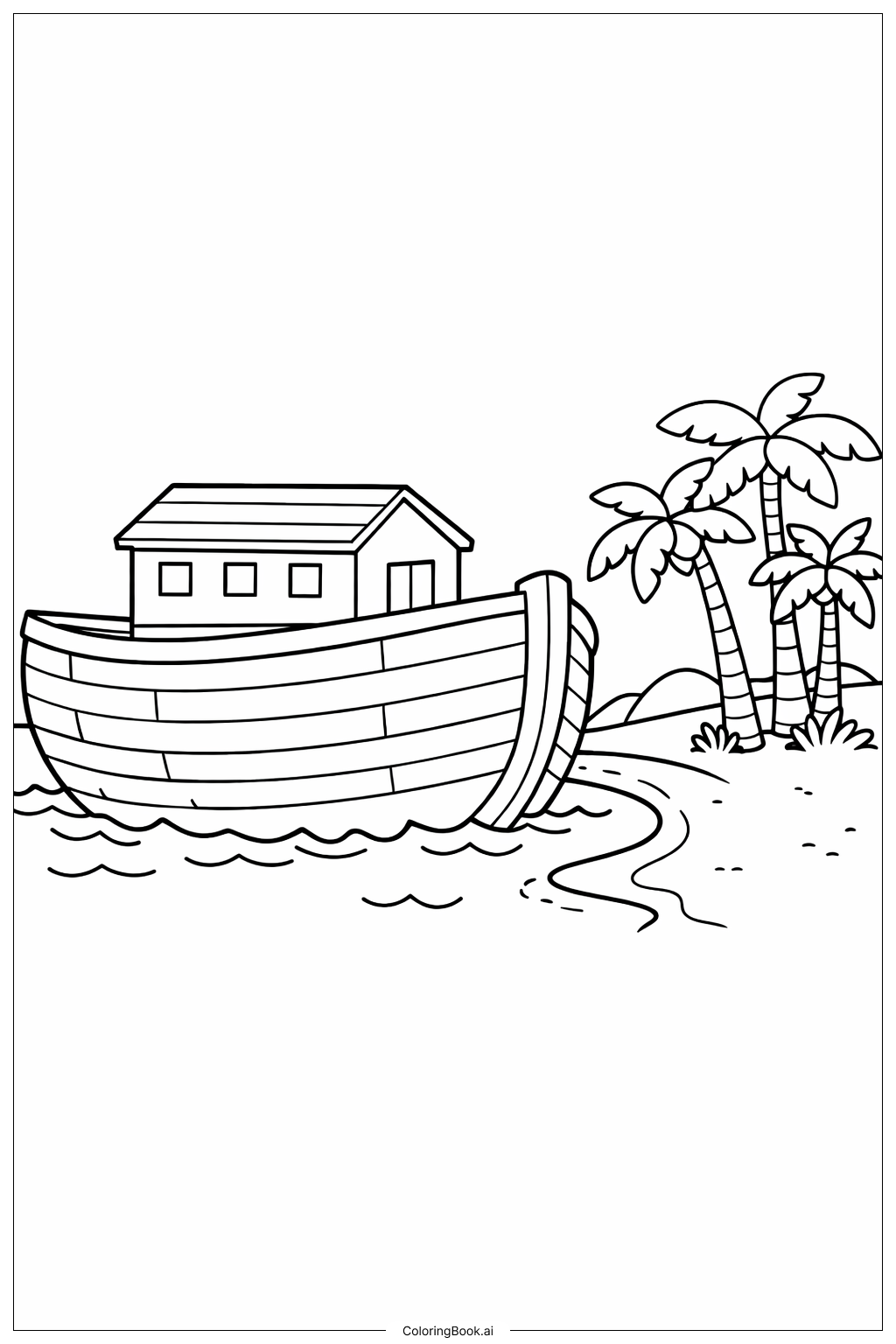 ヤシの木のそばのノアの箱舟の塗り絵ページ 