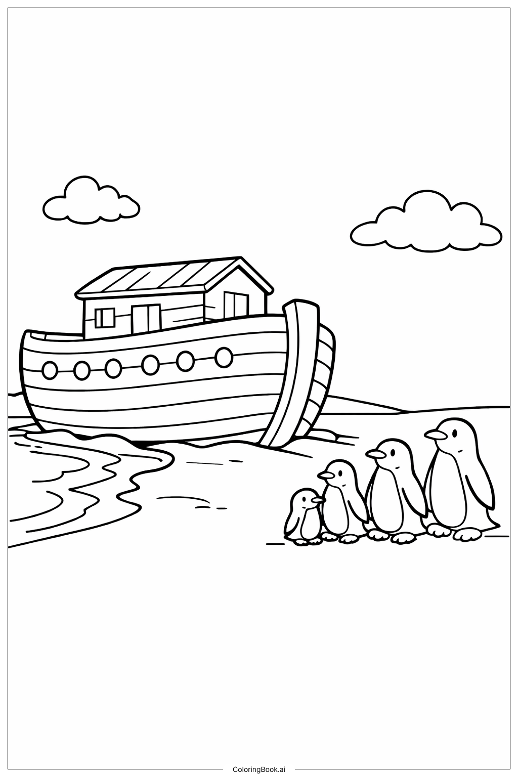  Noahs Arche mit Pinguinen in der Nähe Ausmalseite 