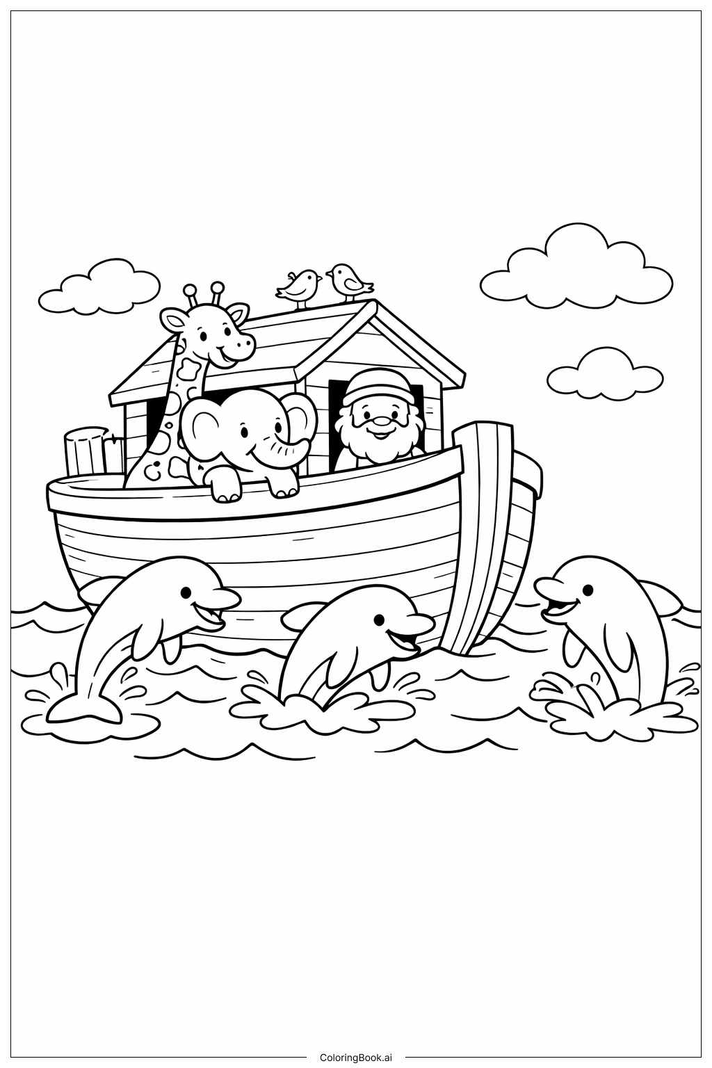  遊び心いっぱいのイルカとノアの箱舟の塗り絵ページ 