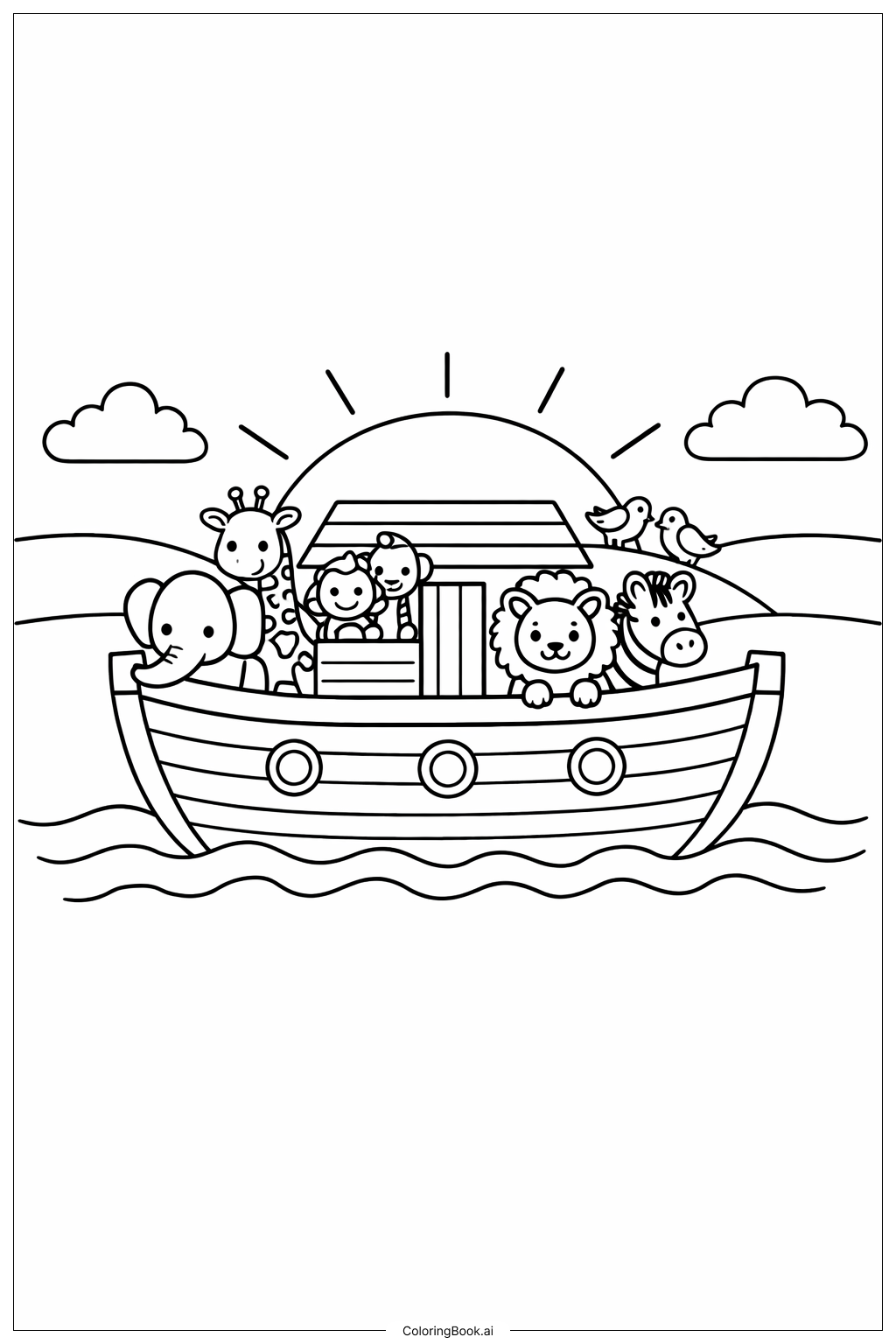 日落背景下的挪亞方舟著色頁 