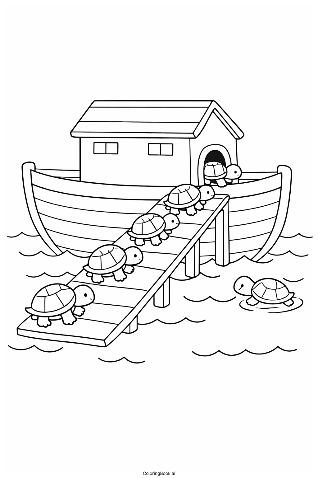  Página para colorear de El Arca de Noé con Tortugas en la Rampa 