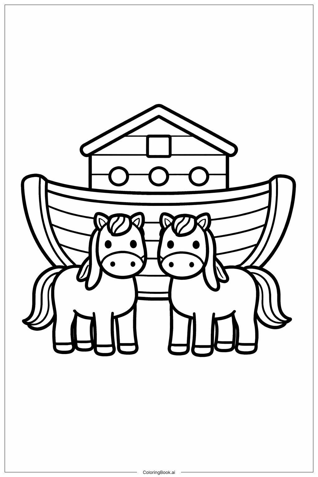  ノアの方舟と2頭の馬の塗り絵ページ 