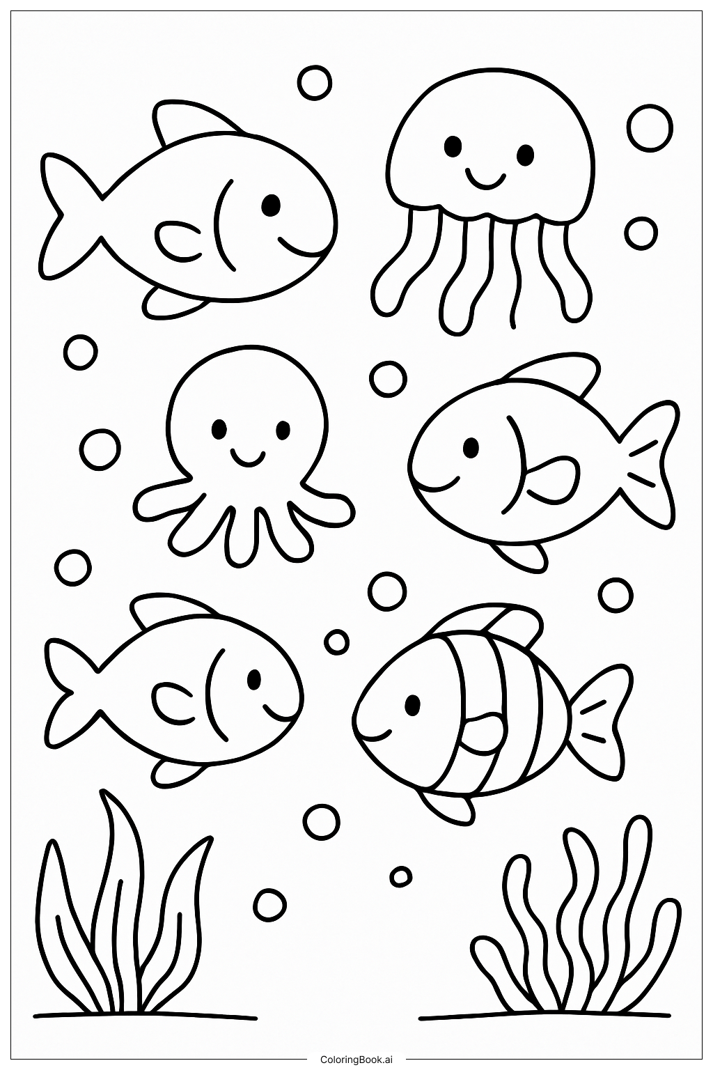Page de coloriage École Heureuse des Animaux Marins