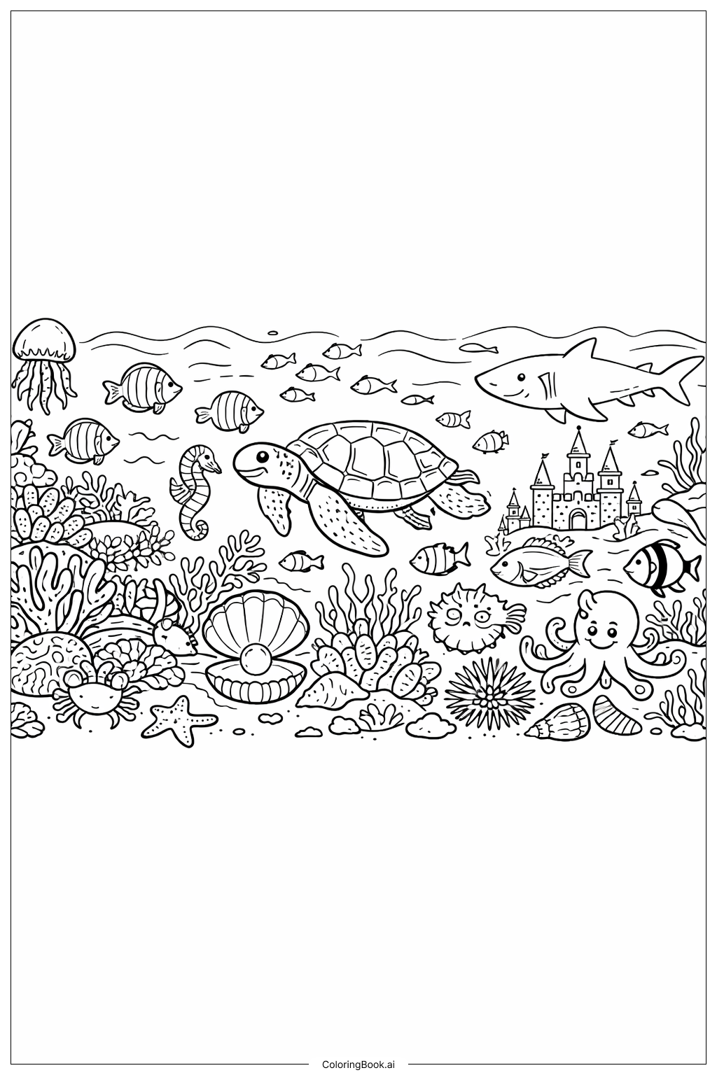  海洋珊瑚礁涂色全景填色页 