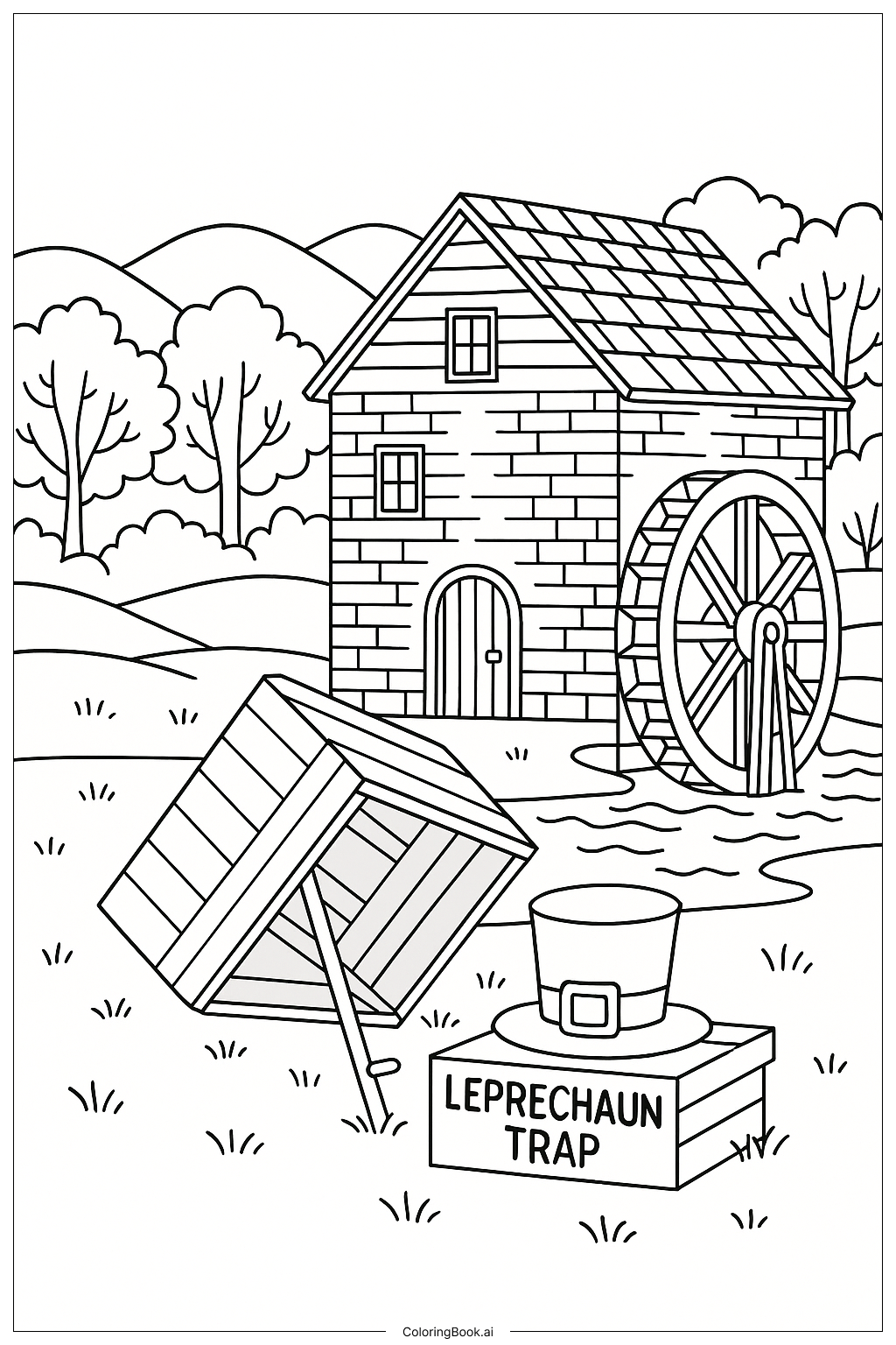  Página para colorear de Trampa para Duendecillo en Molino Antiguo 