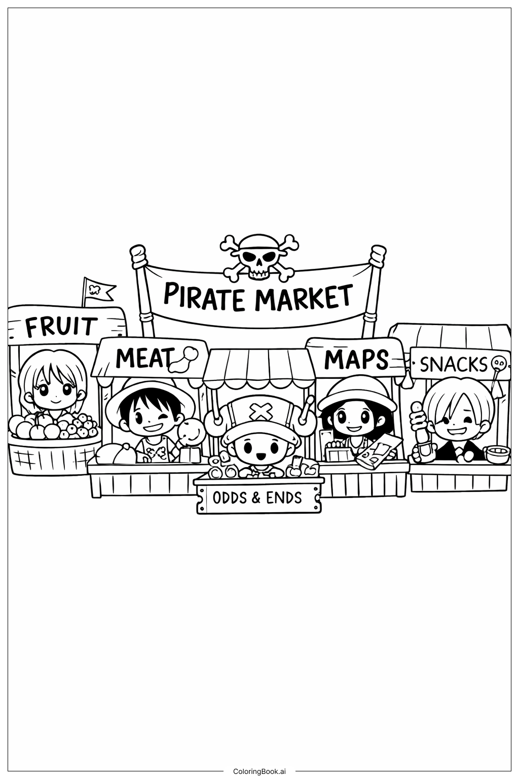 Página para colorir de Mercado Pirata Chibi de One Piece