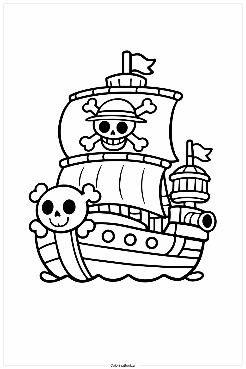 Página para colorir de Navio Pirata Chibi One Piece