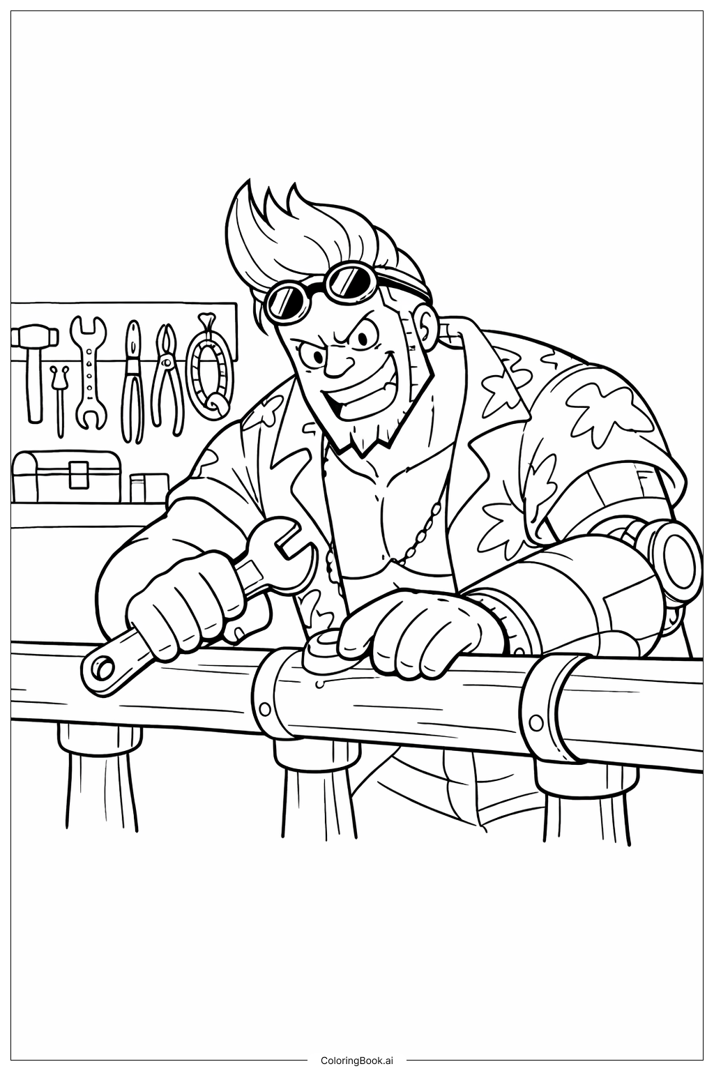 Página para colorir de One Piece Franky consertando o navio