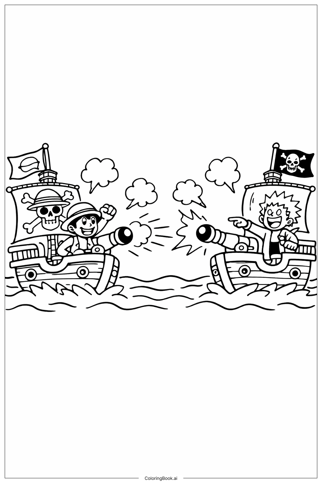 Página para colorir de Cena de Batalha Marítima de One Piece
