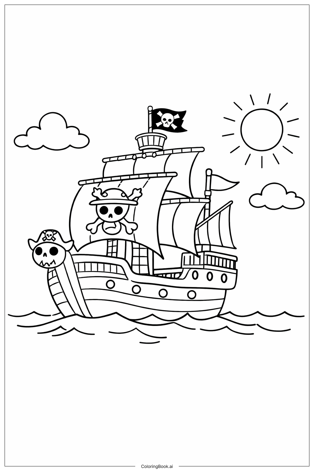 Página para colorir de Navio One Piece Navegando no Mar