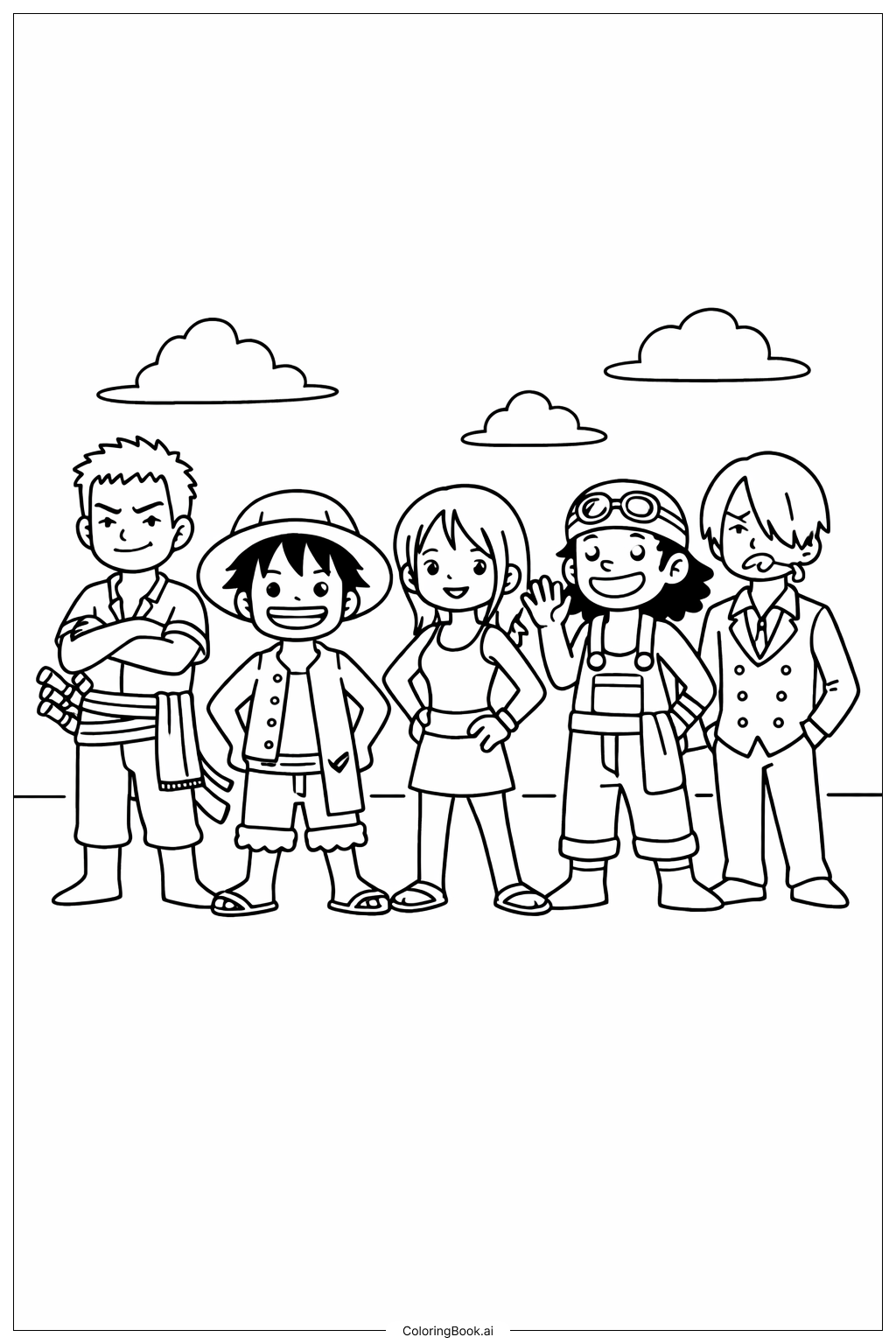 Página para colorir de Grupo da Tripulação do Chapéu de Palha de One Piece