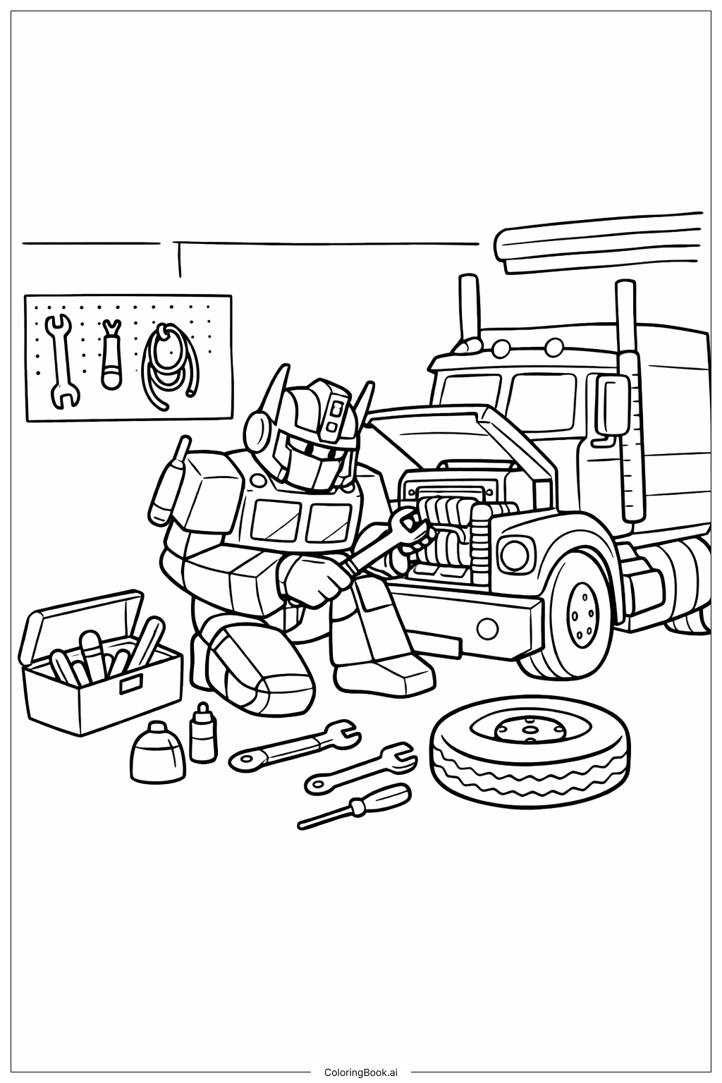  Página para colorir de Optimus Prime consertando caminhão 