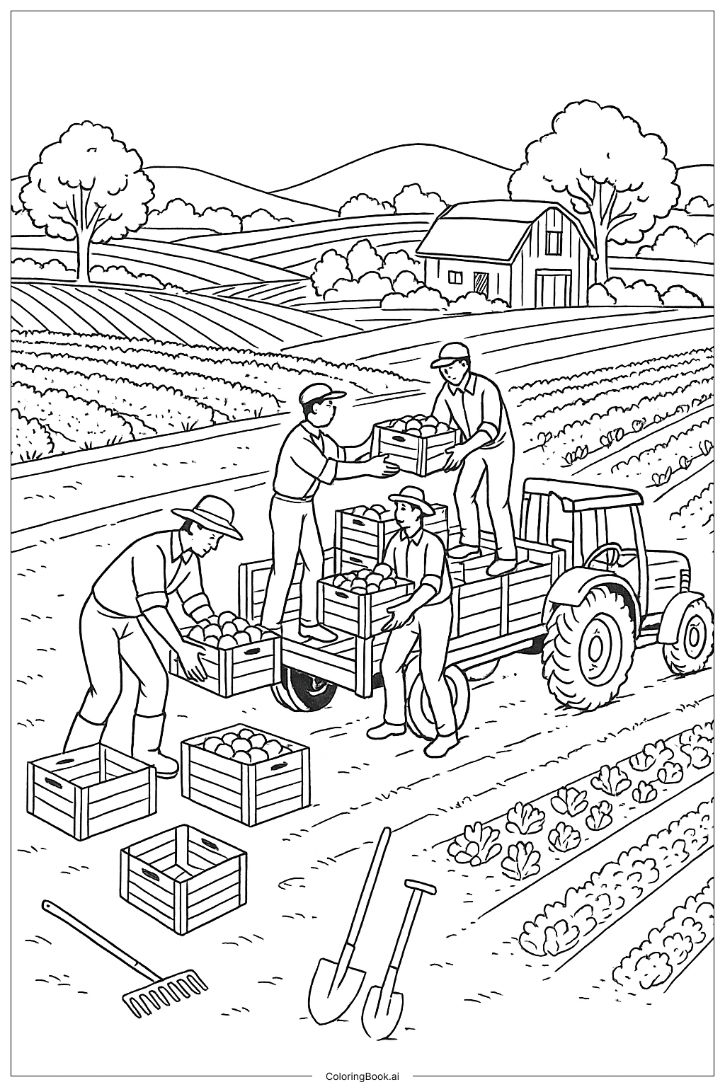 Página para colorir de Dia da Colheita na Fazenda de Laranjas
