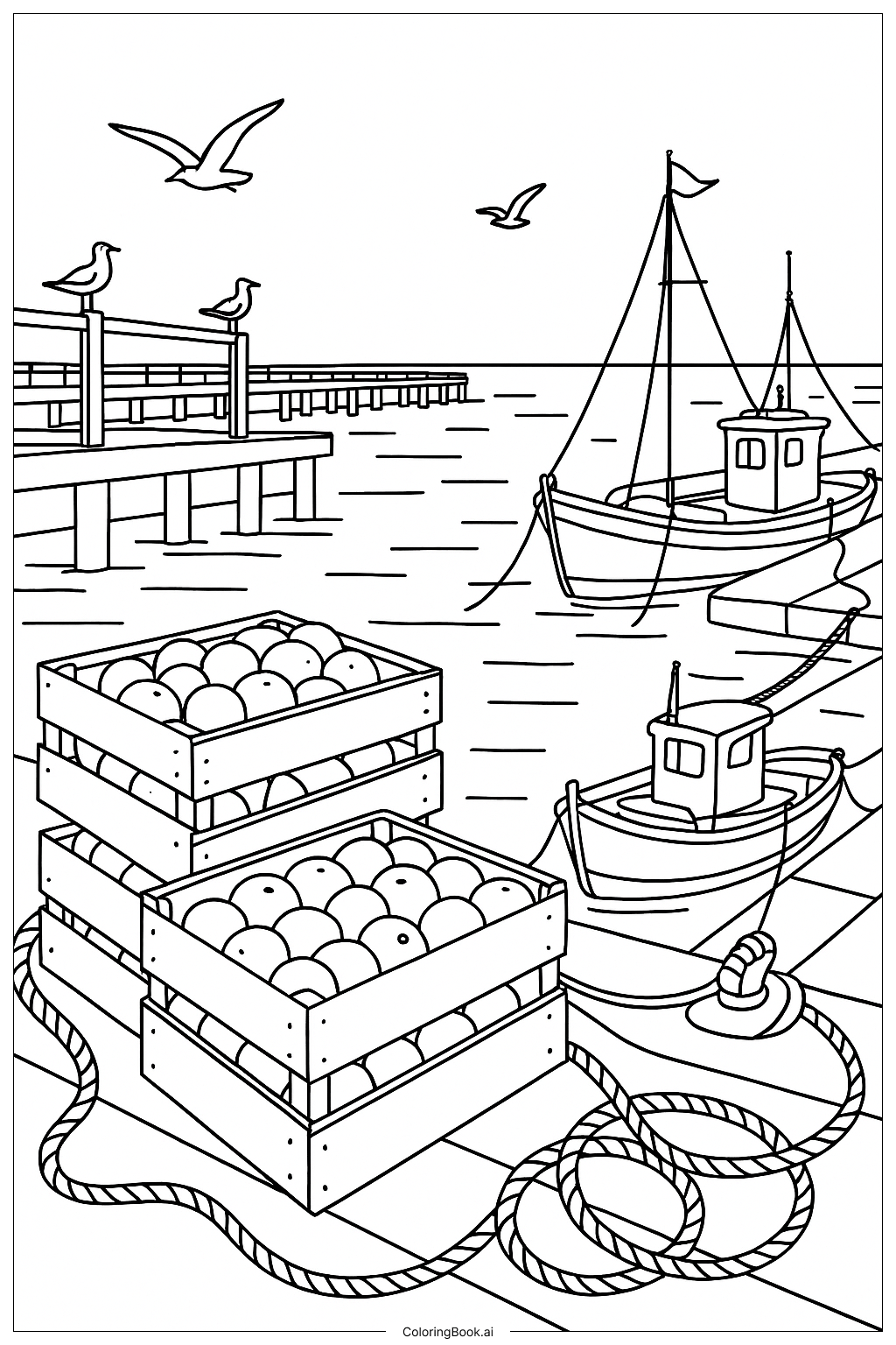 Página para colorir de Cena do Porto Marítimo Laranja