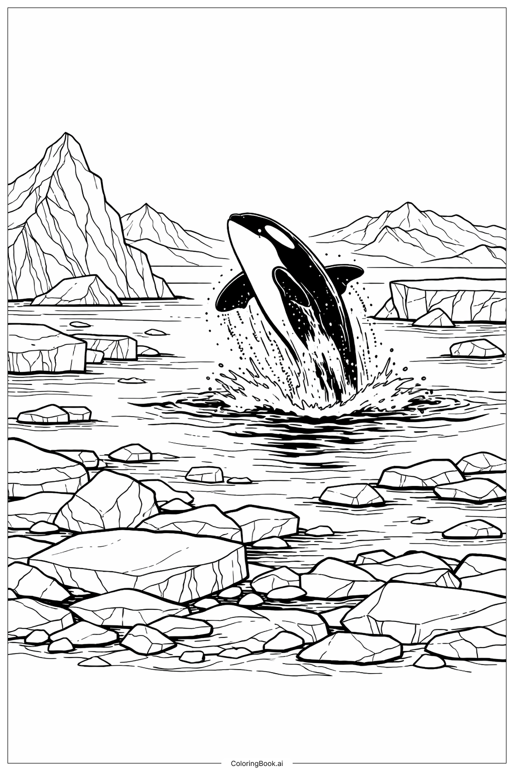 Orka springt nahe Eisbergfeld Ausmalseite