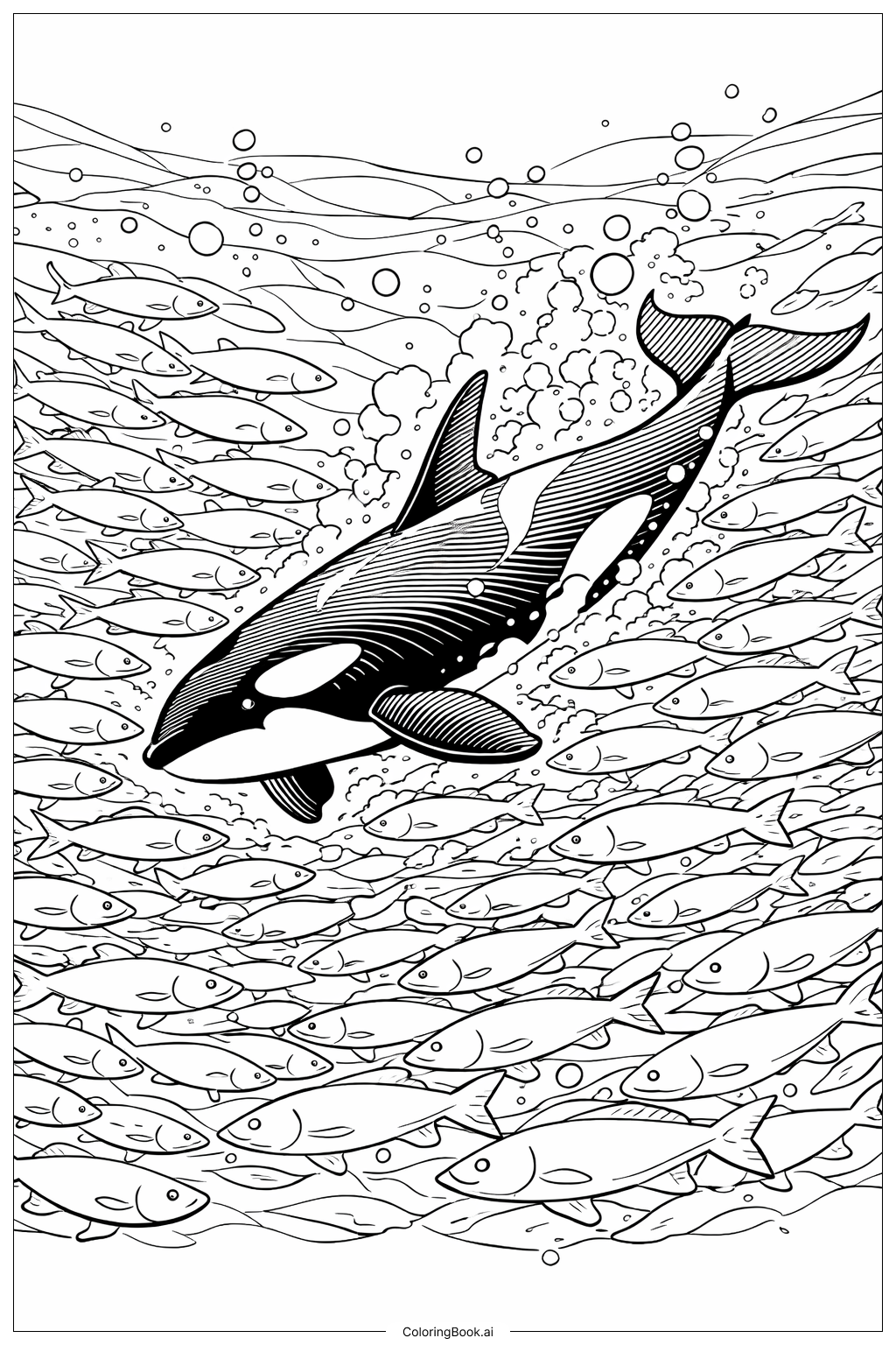 Schwertwal taucht durch einen Fischschwarm Ausmalseite