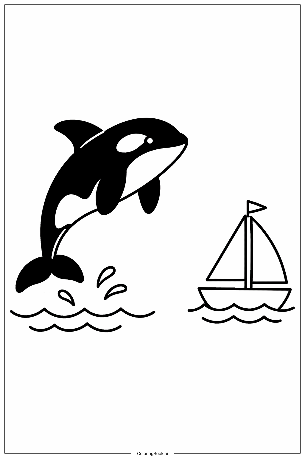 Página para colorir de Orca Perto da Silhueta de Veleiro 
