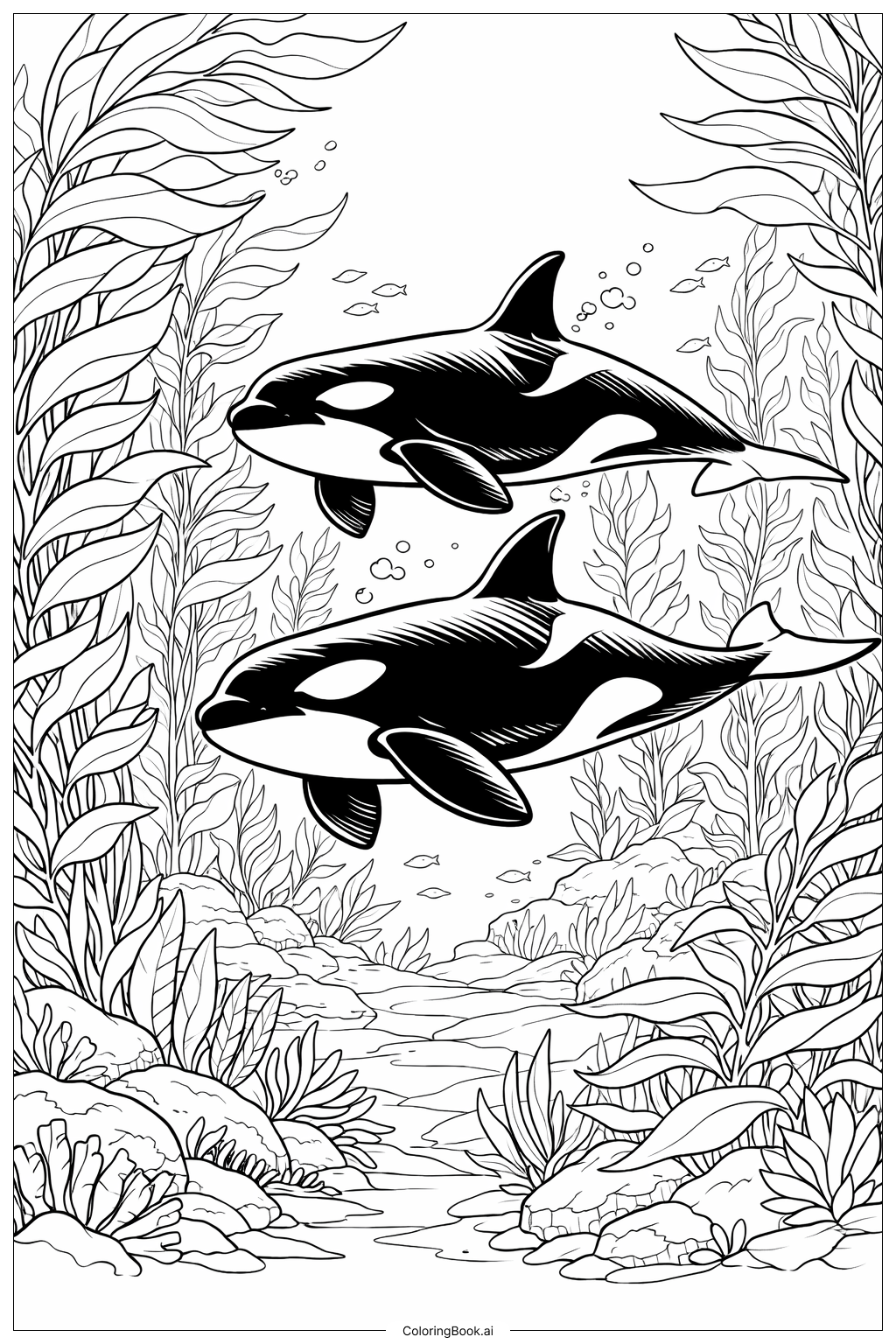 Orca-Paar im Tangwald Ausmalseite