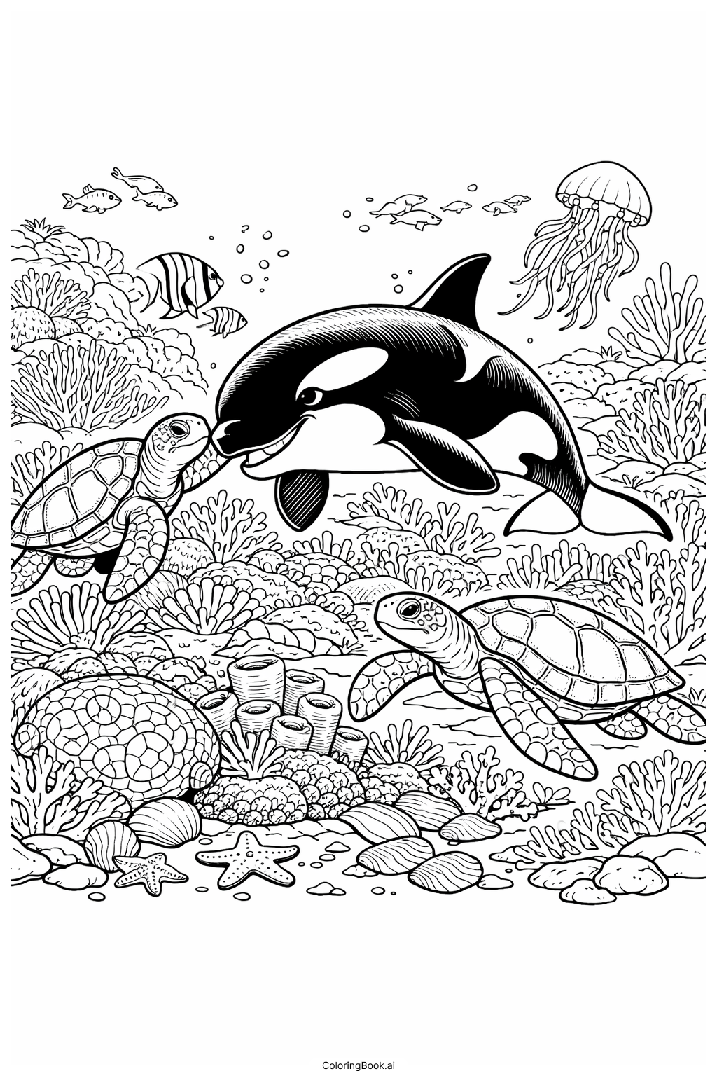 虎鯨與海龜玩耍著色頁