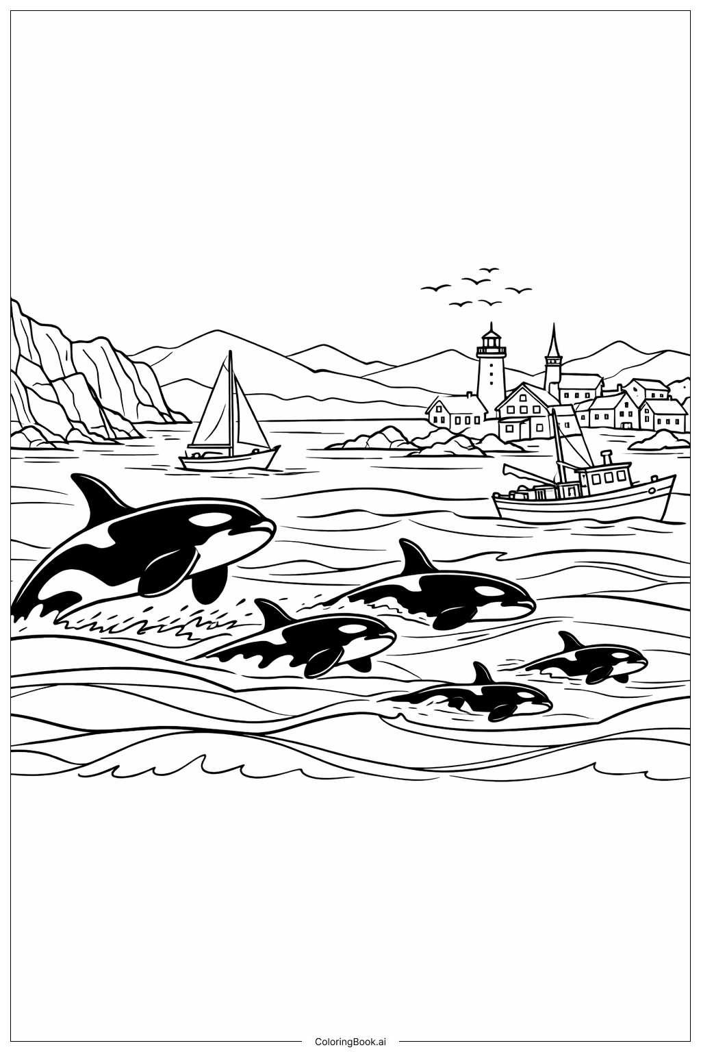  Orca-Gruppe an der Küste einer kleinen Stadt Ausmalseite 