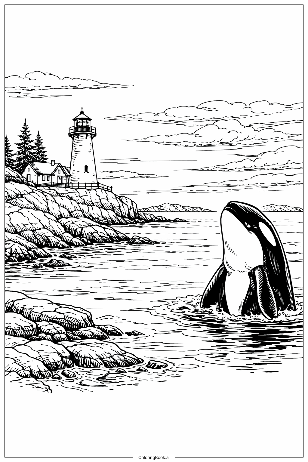 虎鯨在燈塔旁探頭著色頁