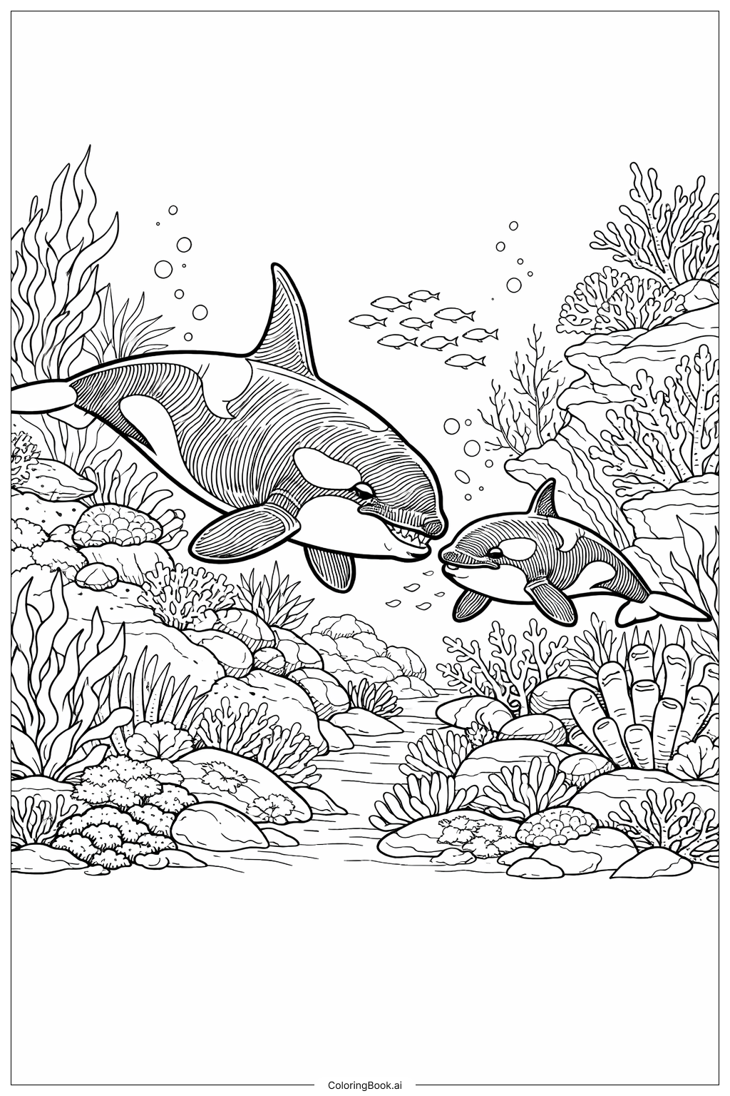 虎鯨在珊瑚礁教導幼鯨著色頁