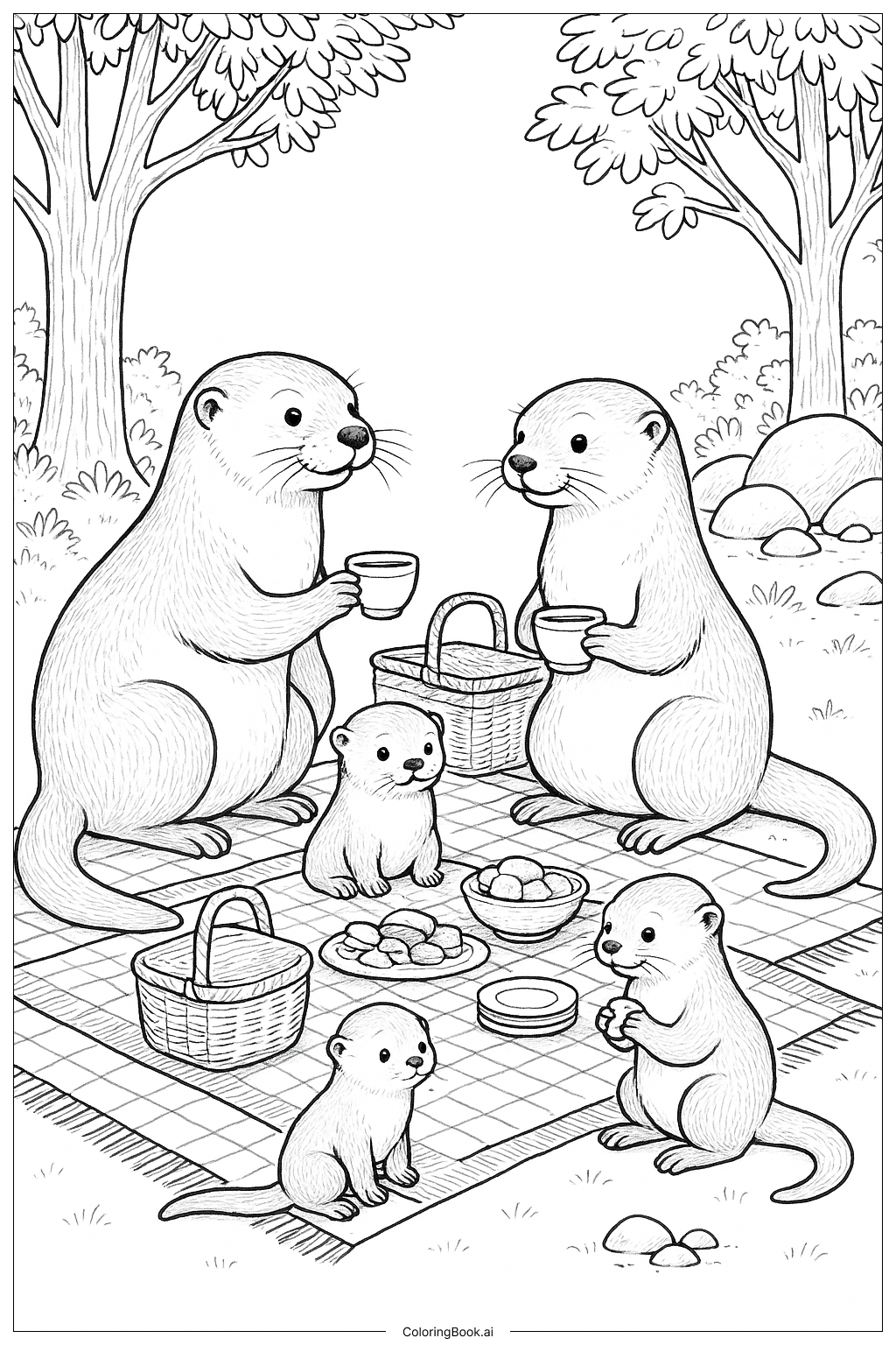  水獭一家野餐场景填色页 