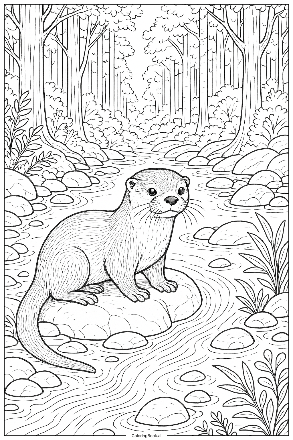  森林溪流中的水獭填色页 