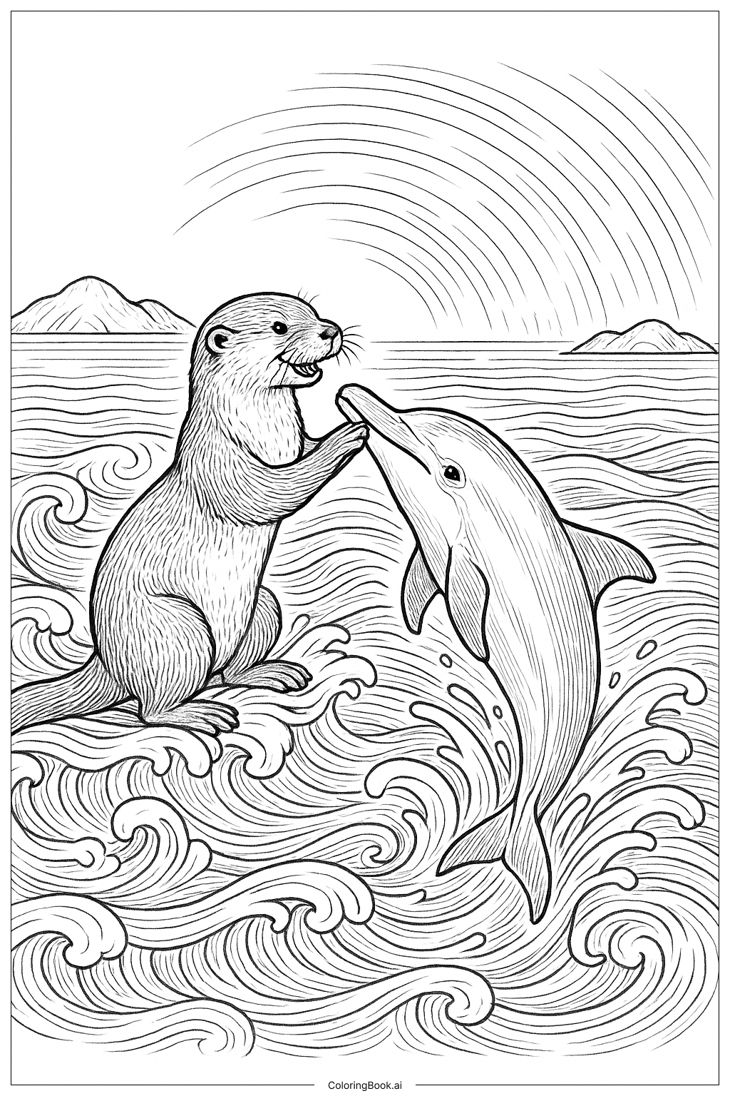  水獭与海豚朋友玩耍填色页 