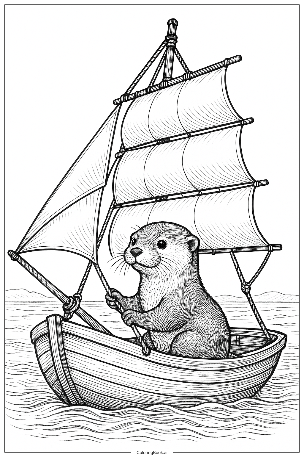  カワウソの小さなヨットの塗り絵ページ 