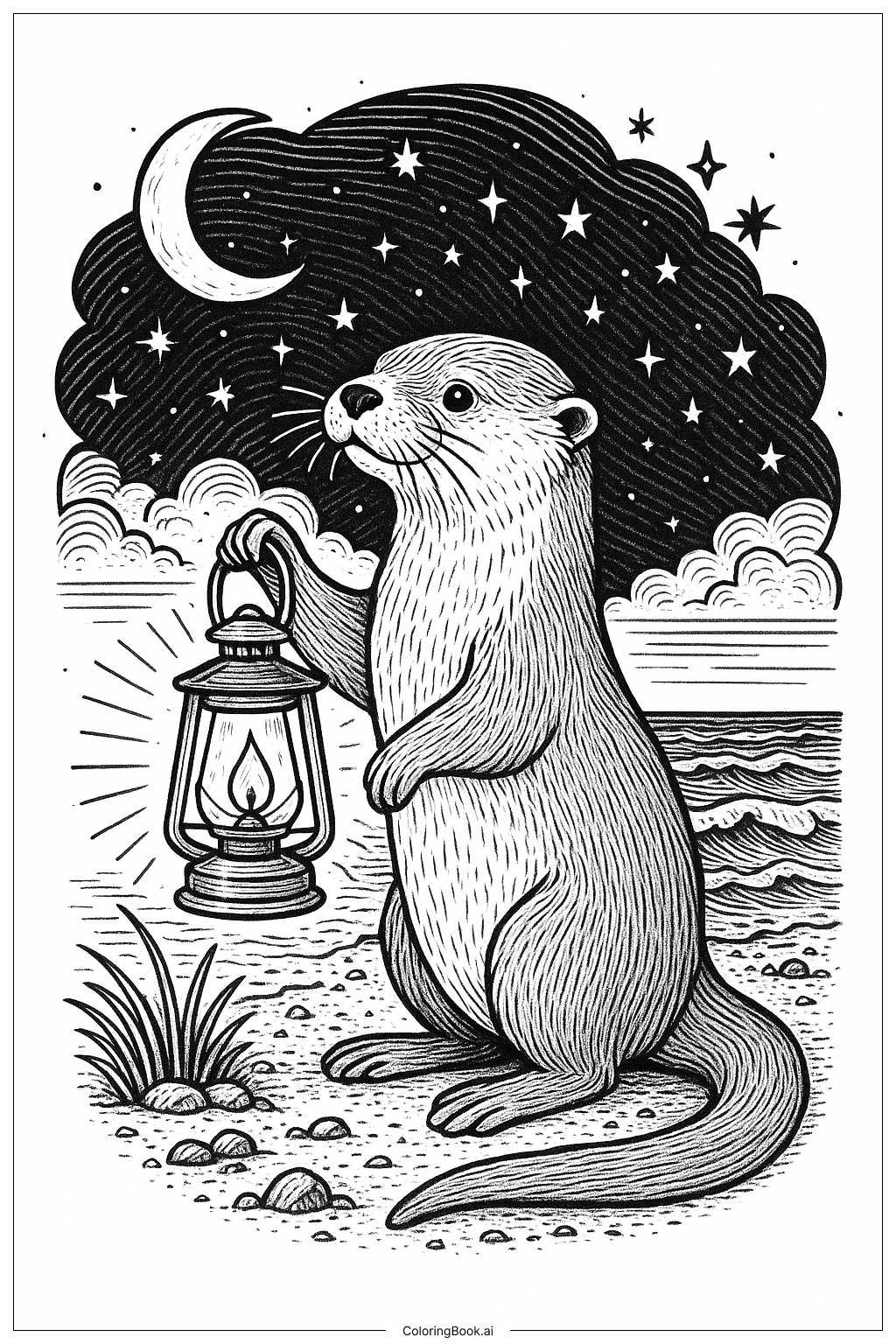  夜晚提灯水獭填色页 