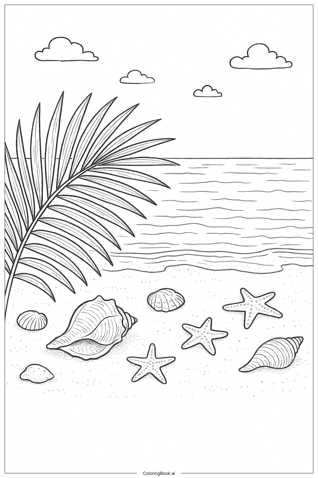  Página para colorir de Cena de Praia com Folha de Palmeira e Conchas 