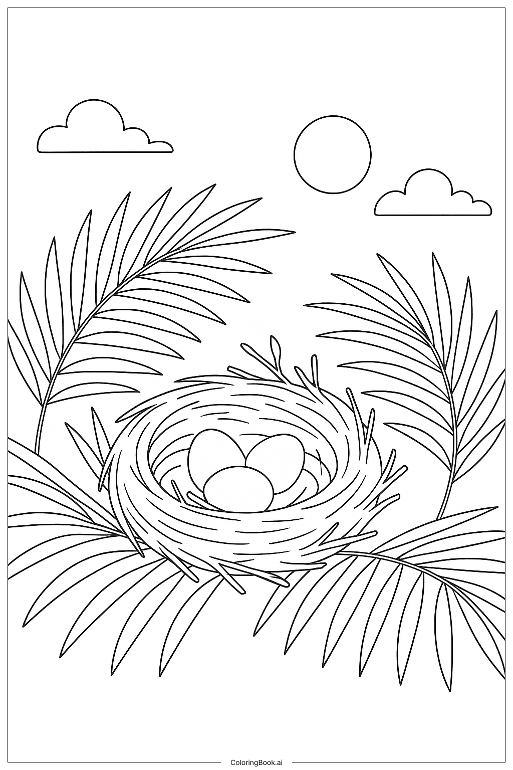  ヤシの葉の鳥の巣の塗り絵ページ 