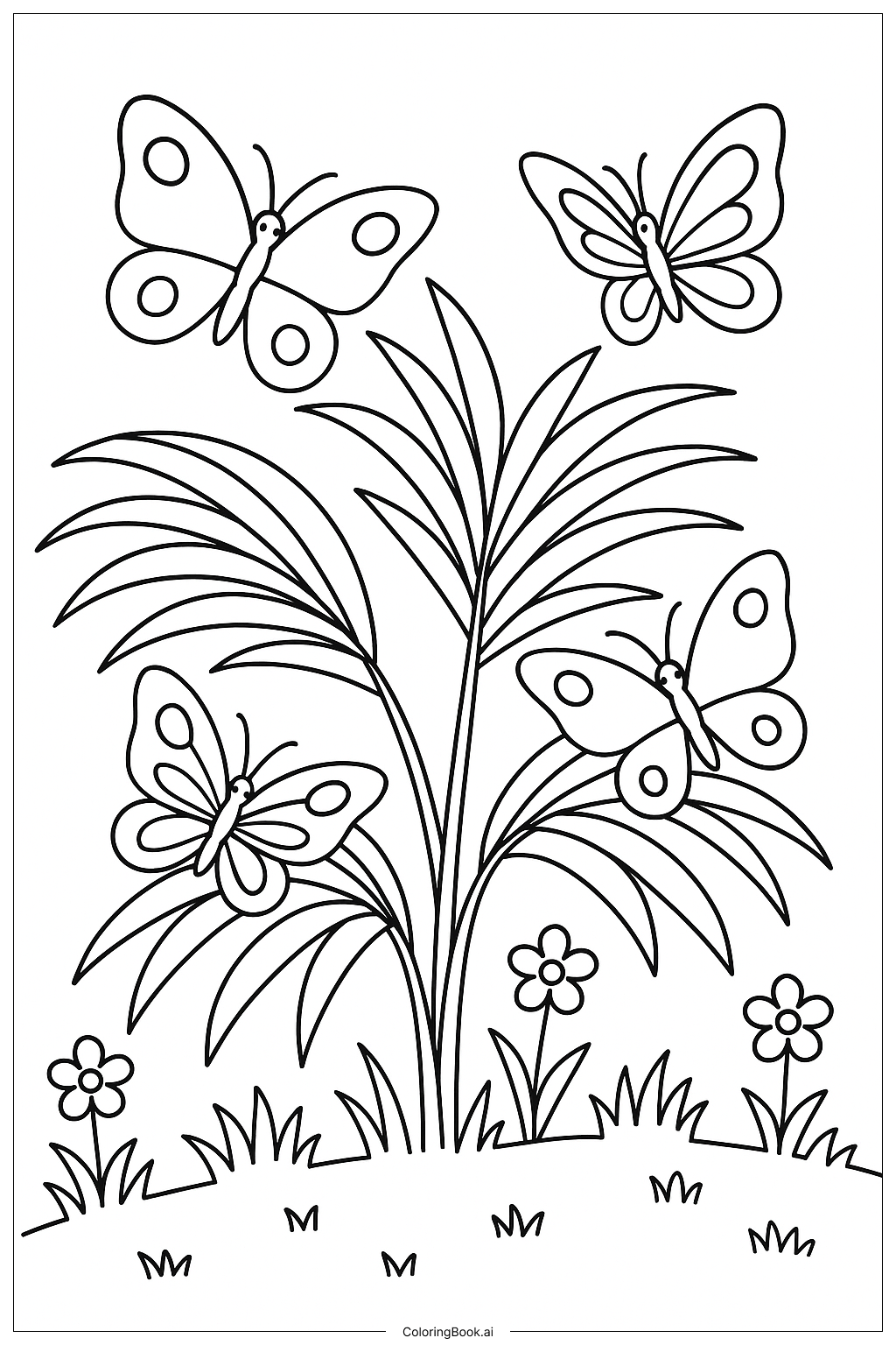  Página para colorear de Jardín de Mariposas con Hojas de Palma 