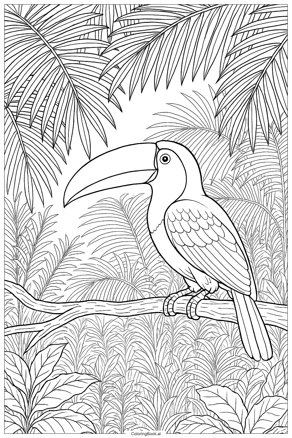  투칸과 야자잎 캐노피 색칠공부 페이지 