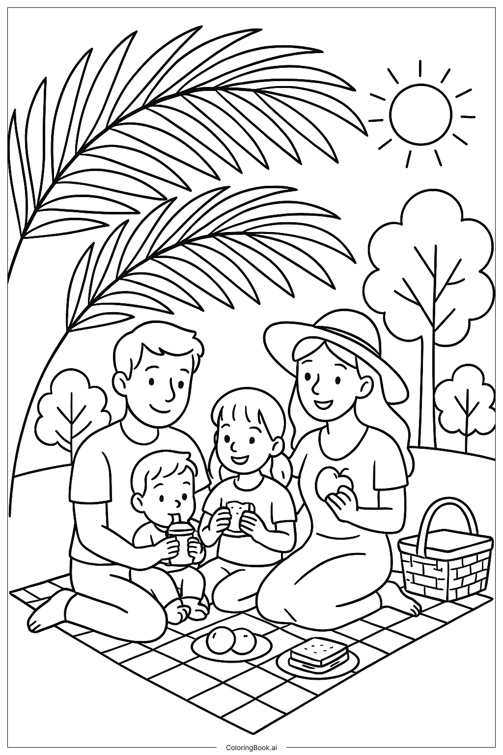  ヤシの葉の家族ピクニックの塗り絵ページ 
