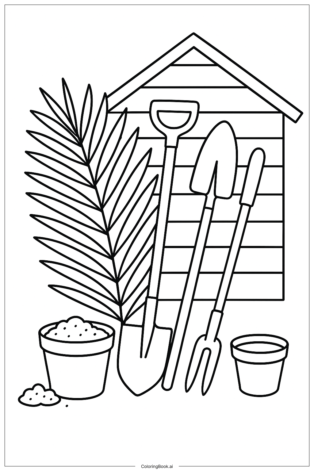  ヤシの葉 ガーデンツールの塗り絵ページ 