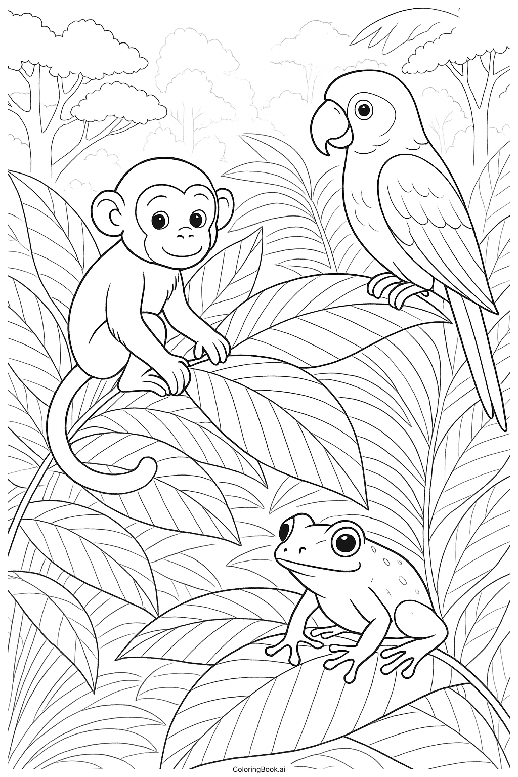  ヤシの葉ジャングルの動物の友達の塗り絵ページ 