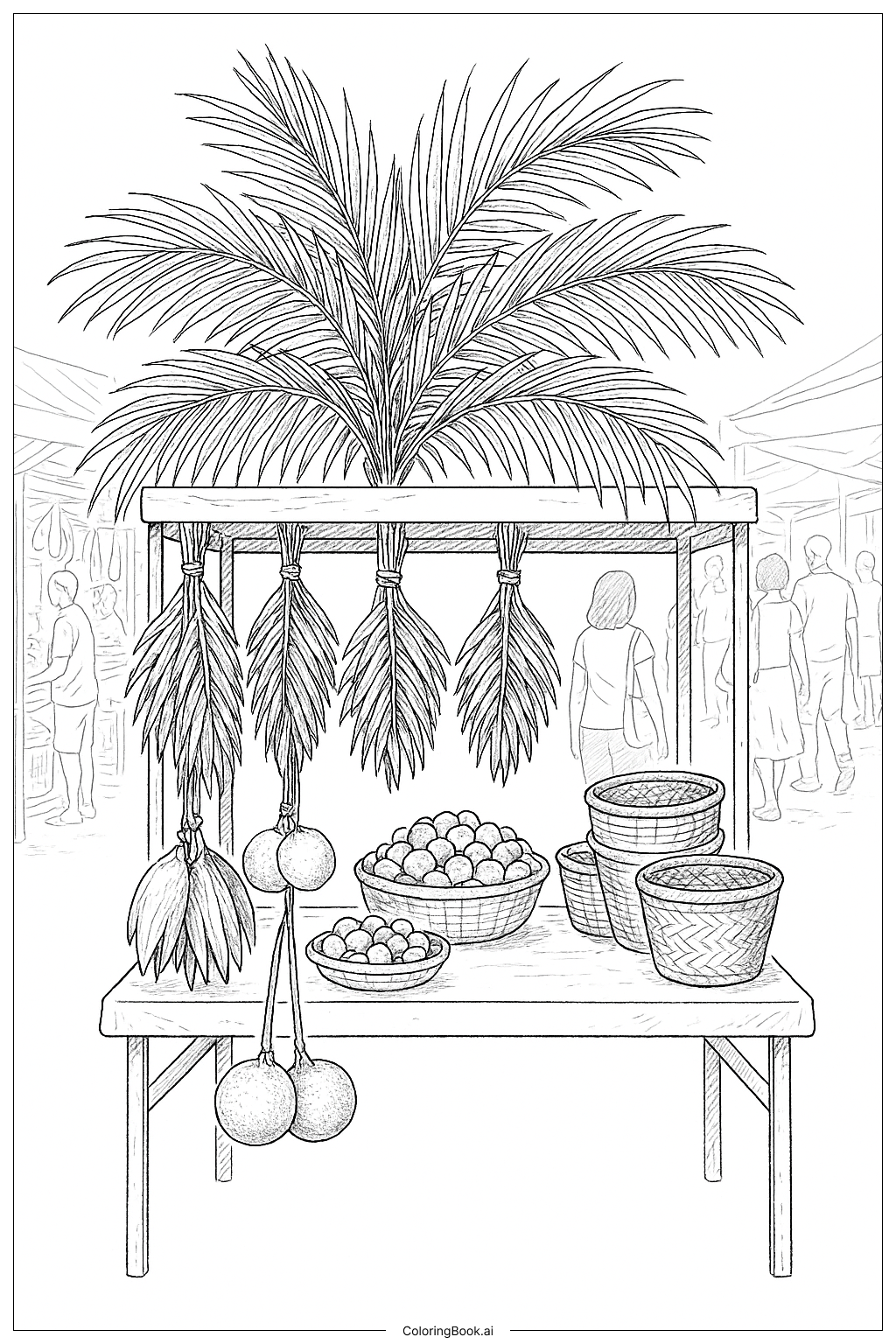  ヤシの葉の市場の屋台ディスプレイの塗り絵ページ 