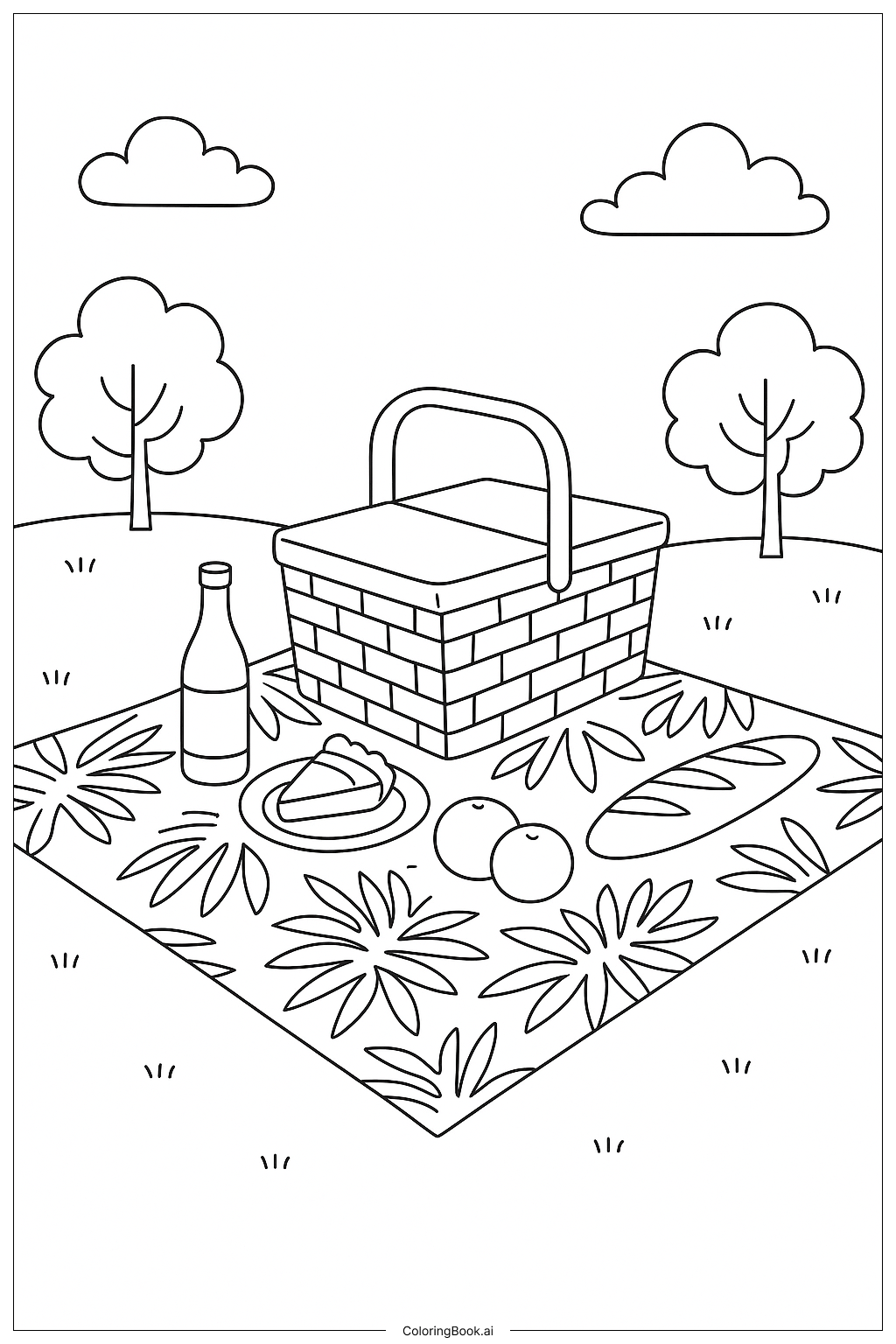  Página para colorear de Manta de picnic con hojas de palma 