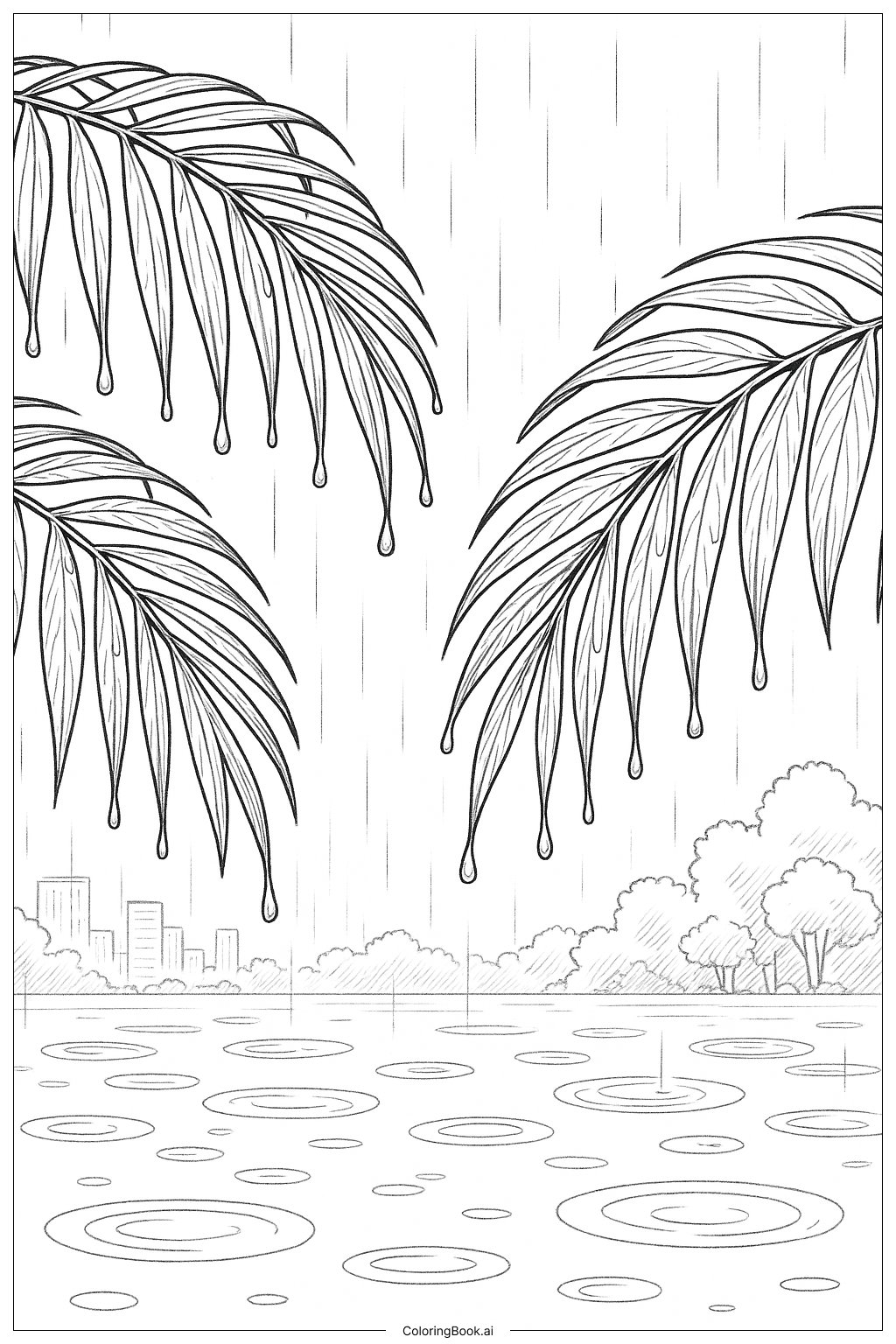  Página para colorir de Cena de Dia Chuvoso com Folhas de Palmeira 