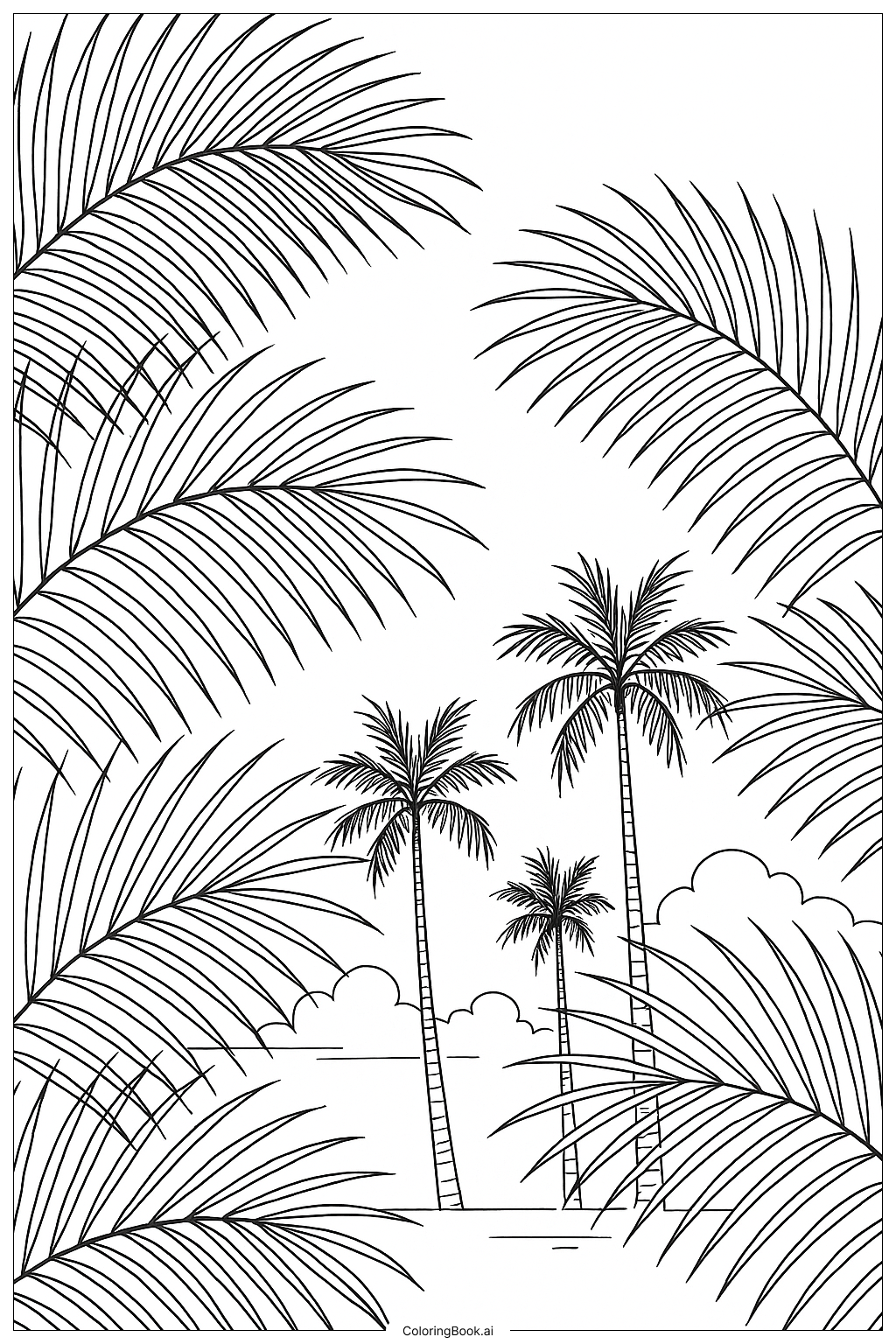  야자수 잎 일몰 실루엣 색칠공부 페이지 
