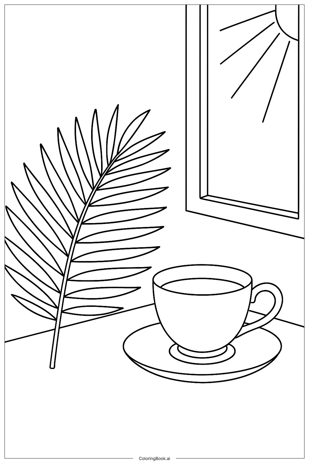  Página para colorear de Naturaleza Muerta con Taza de Té y Hoja de Palma 