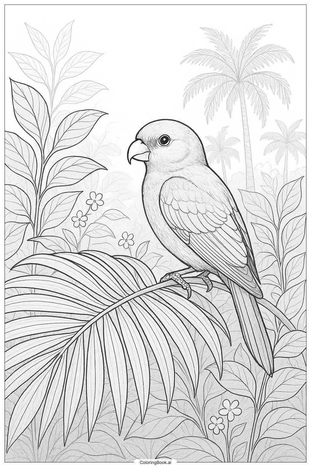  Página para colorir de Poleiro para Pássaros Tropicais em Folha de Palma 
