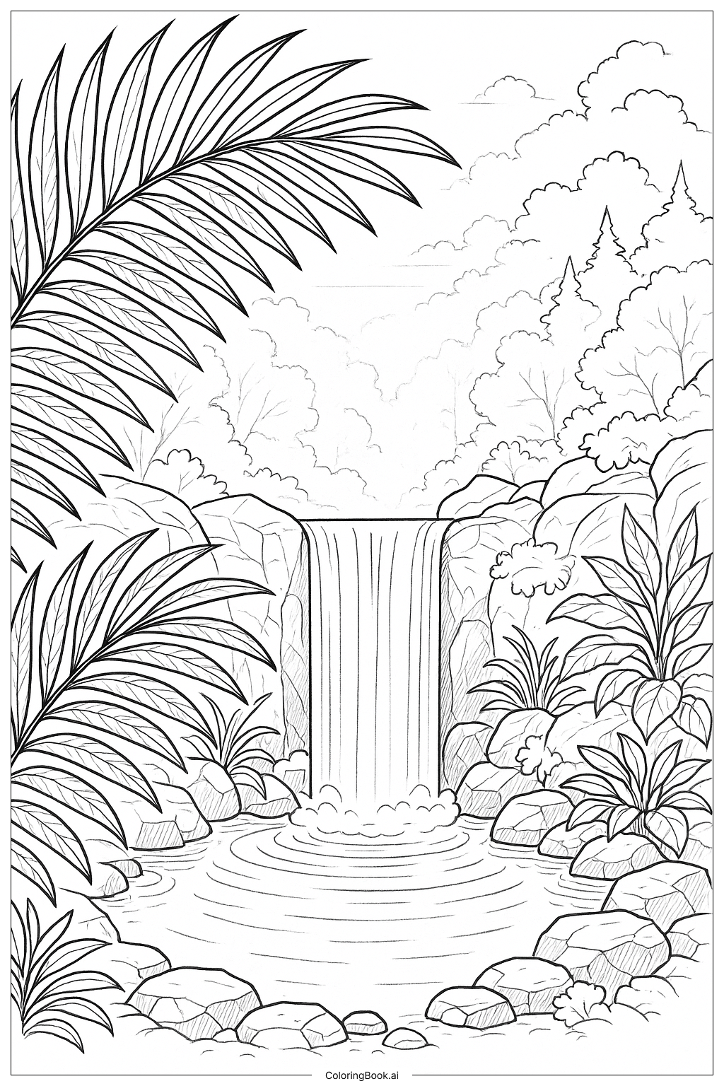  Palm Leaf Waterfall Pool Coloring Page 