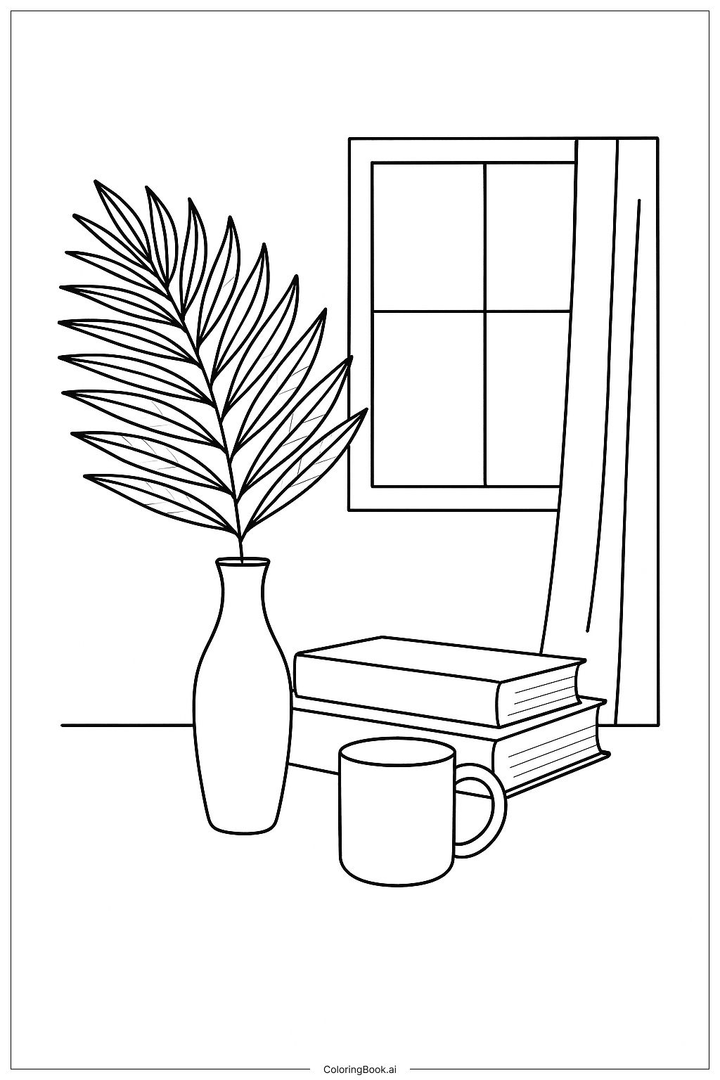  Página para colorir de Natureza Morta com Folha de Palmeira na Janela 