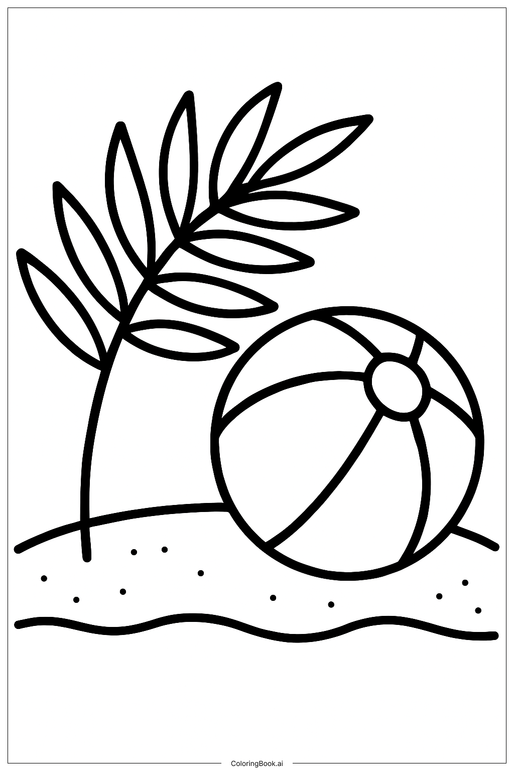  해변 공이 있는 야자잎 색칠공부 페이지 