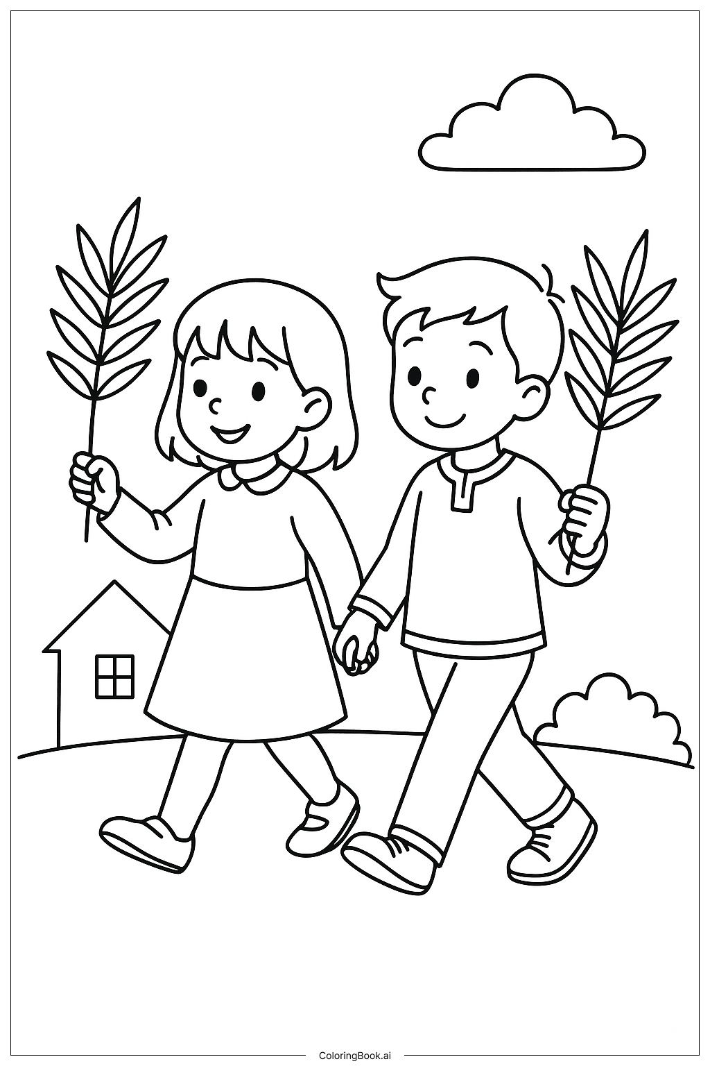 Palm Sunday Boy And Girl Walking Coloring Page