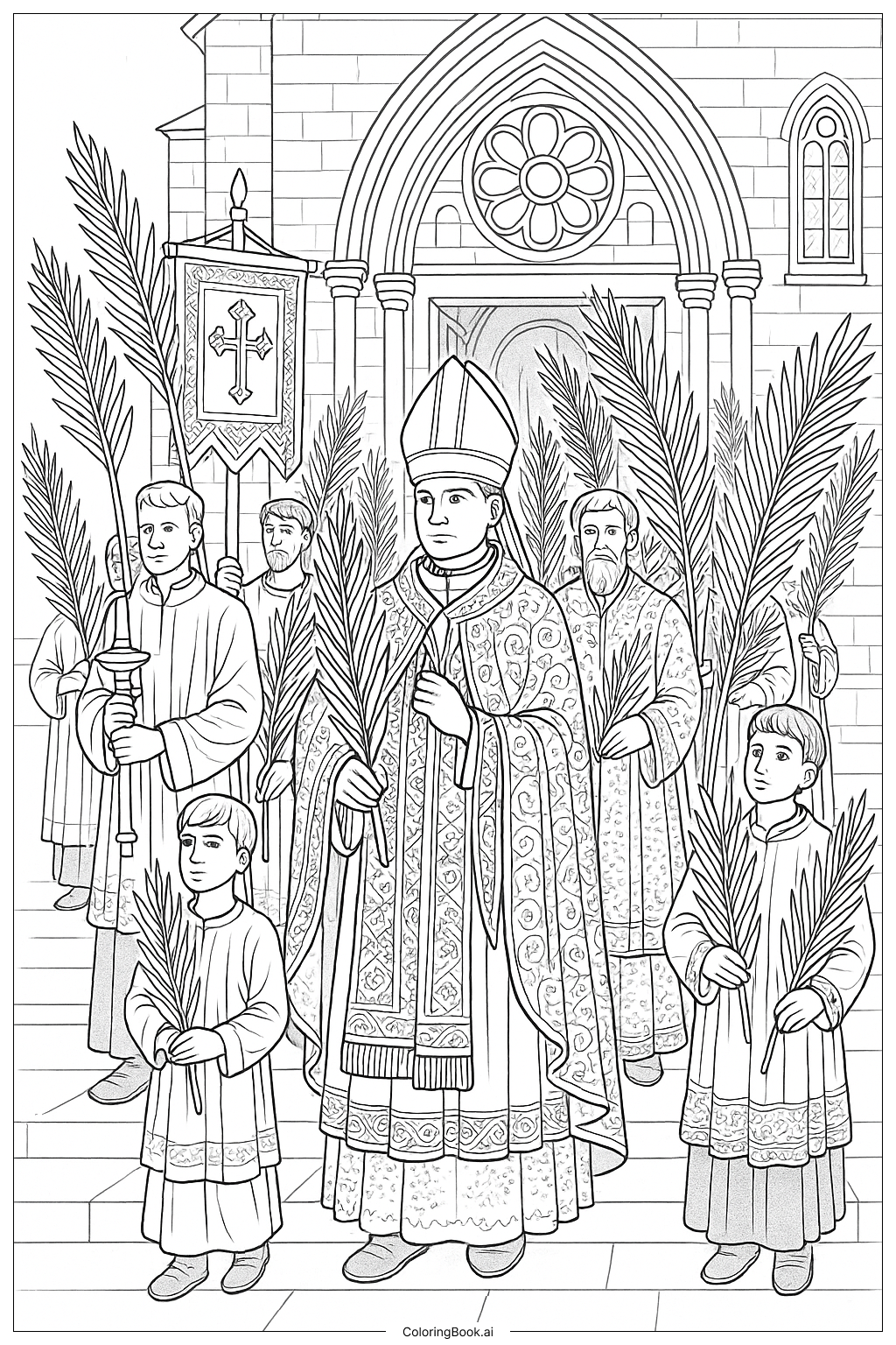  Página para colorir de Procissão de Entrada na Igreja do Domingo de Ramos 
